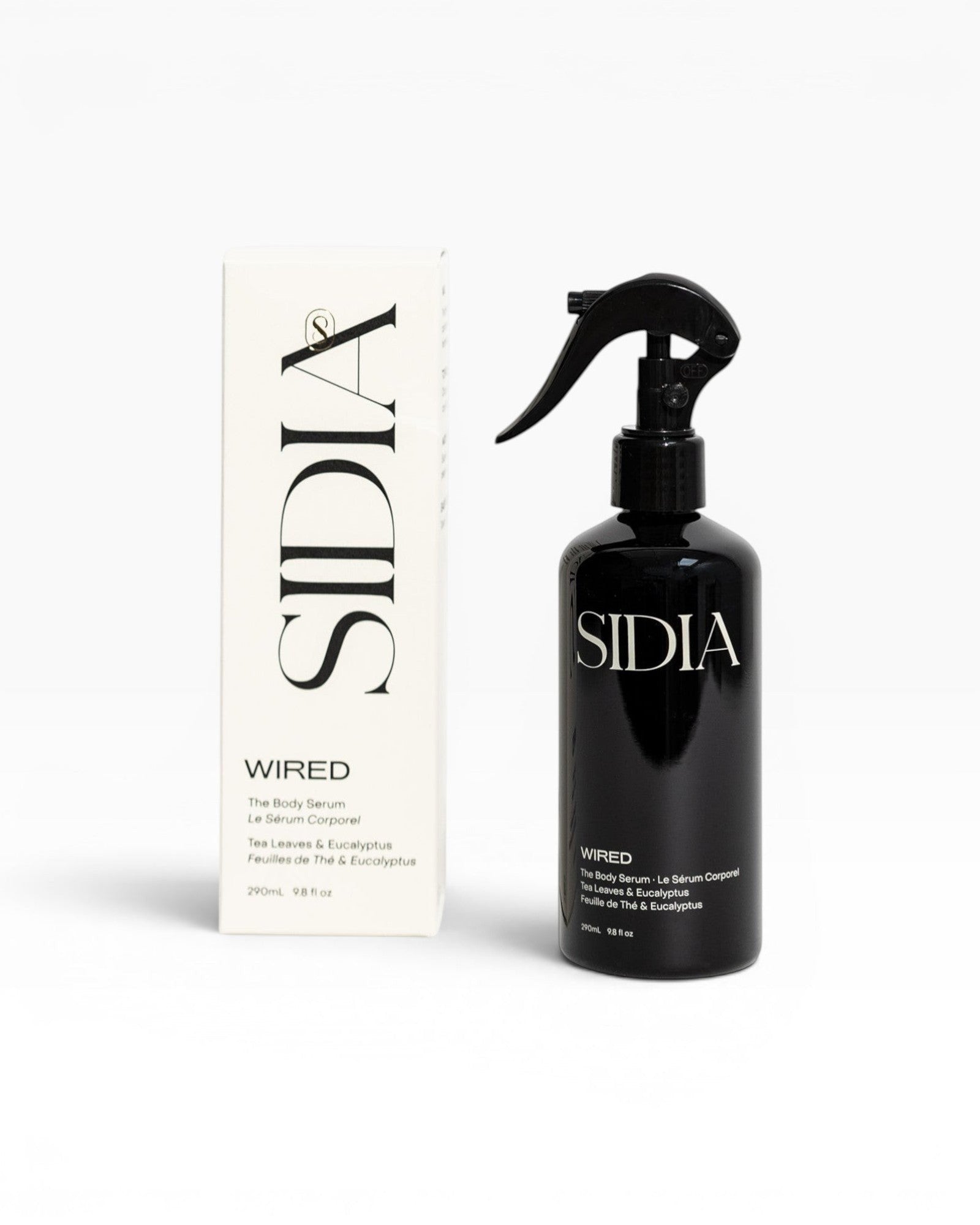 JONES + CO WIRED Body Serum in black spray bottle with tea leaves and eucalyptus scent. Lightweight and hydrating.
