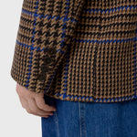 JONES + CO wool-blend blazer sleeve in sand beige with a blue check pattern and four-button cuff detail
