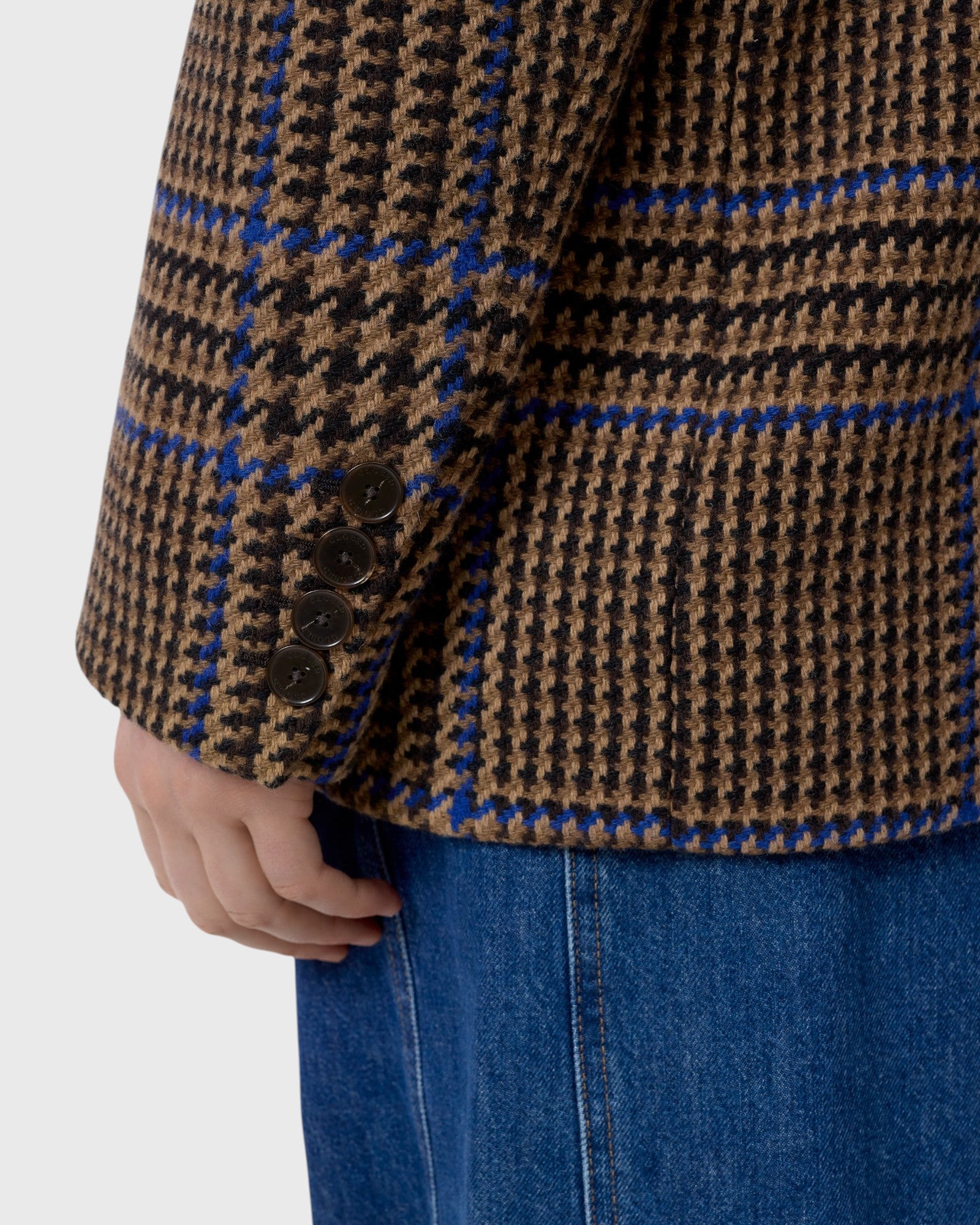 JONES + CO wool-blend blazer sleeve in sand beige with a blue check pattern and four-button cuff detail