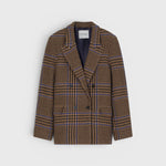 JONES + CO wool-blend double-breasted blazer in sand beige with a blue and brown oversized check pattern.