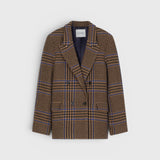 JONES + CO wool-blend double-breasted blazer in sand beige with a blue and brown oversized check pattern.