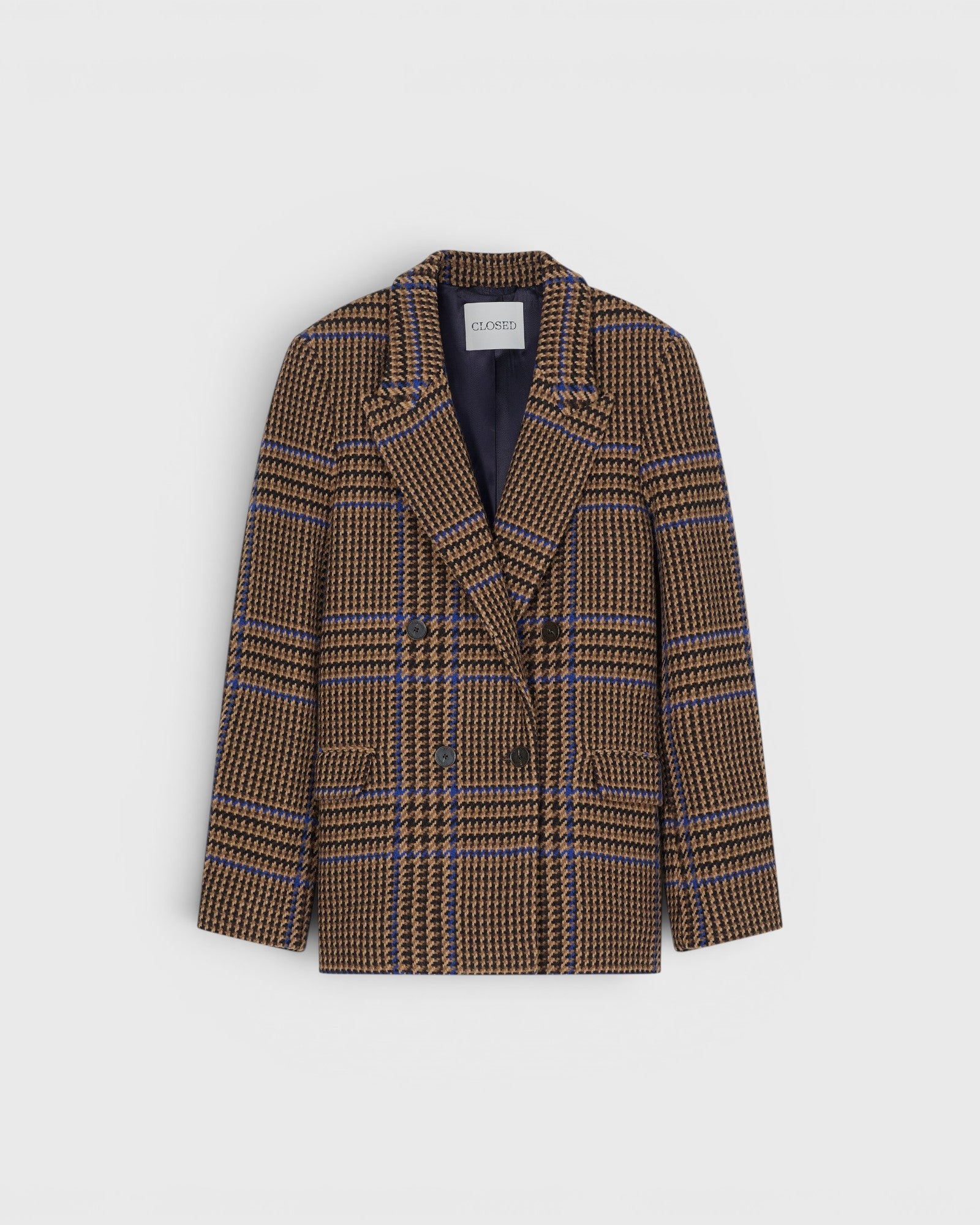 JONES + CO wool-blend double-breasted blazer in sand beige with a blue and brown oversized check pattern.