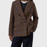 JONES + CO wool-blend double-breasted blazer in sand beige with a blue and brown oversized check pattern.