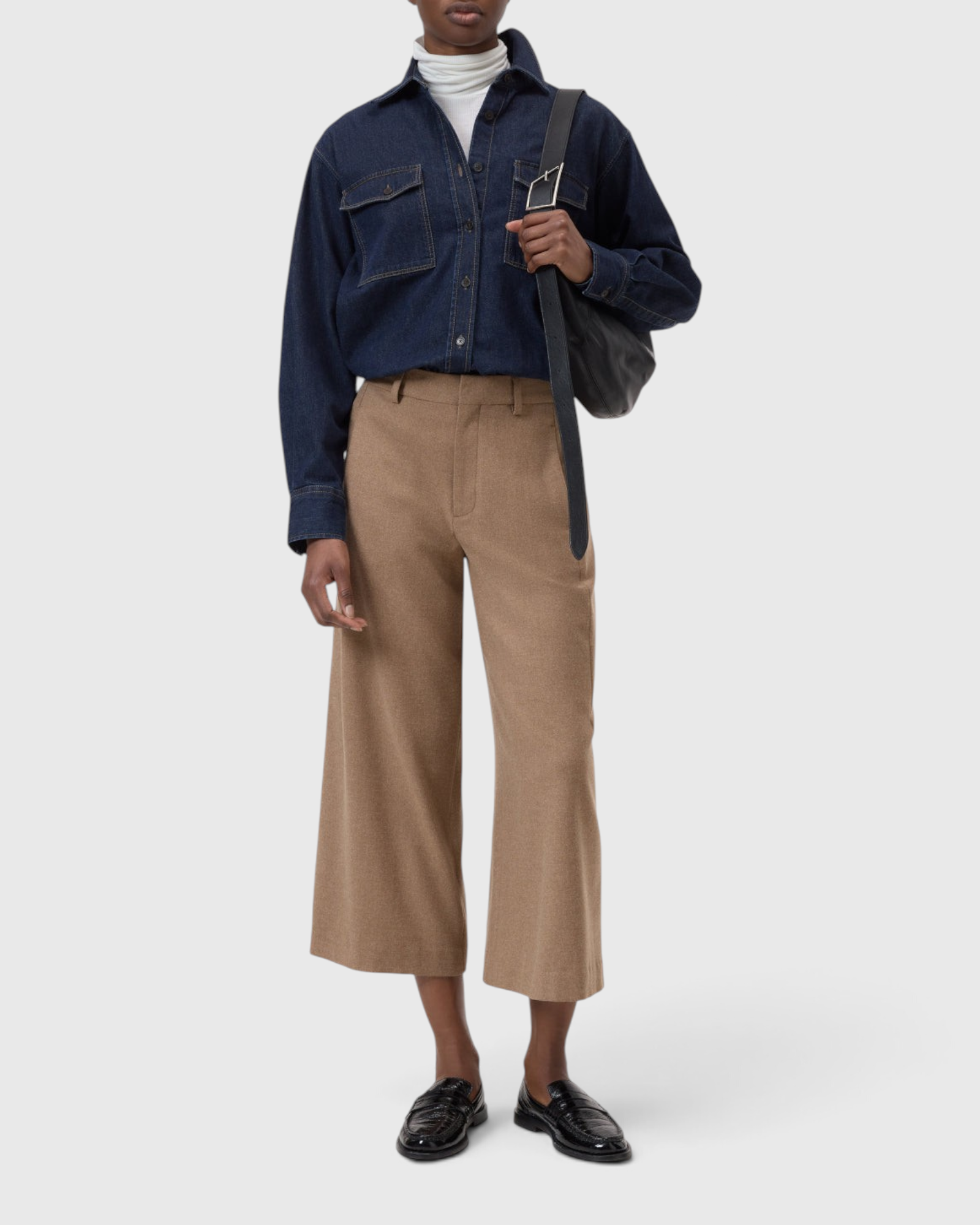 JONES + CO Wren wide-leg cropped trousers in wheat beige wool-viscose flannel with a mid-rise waist.