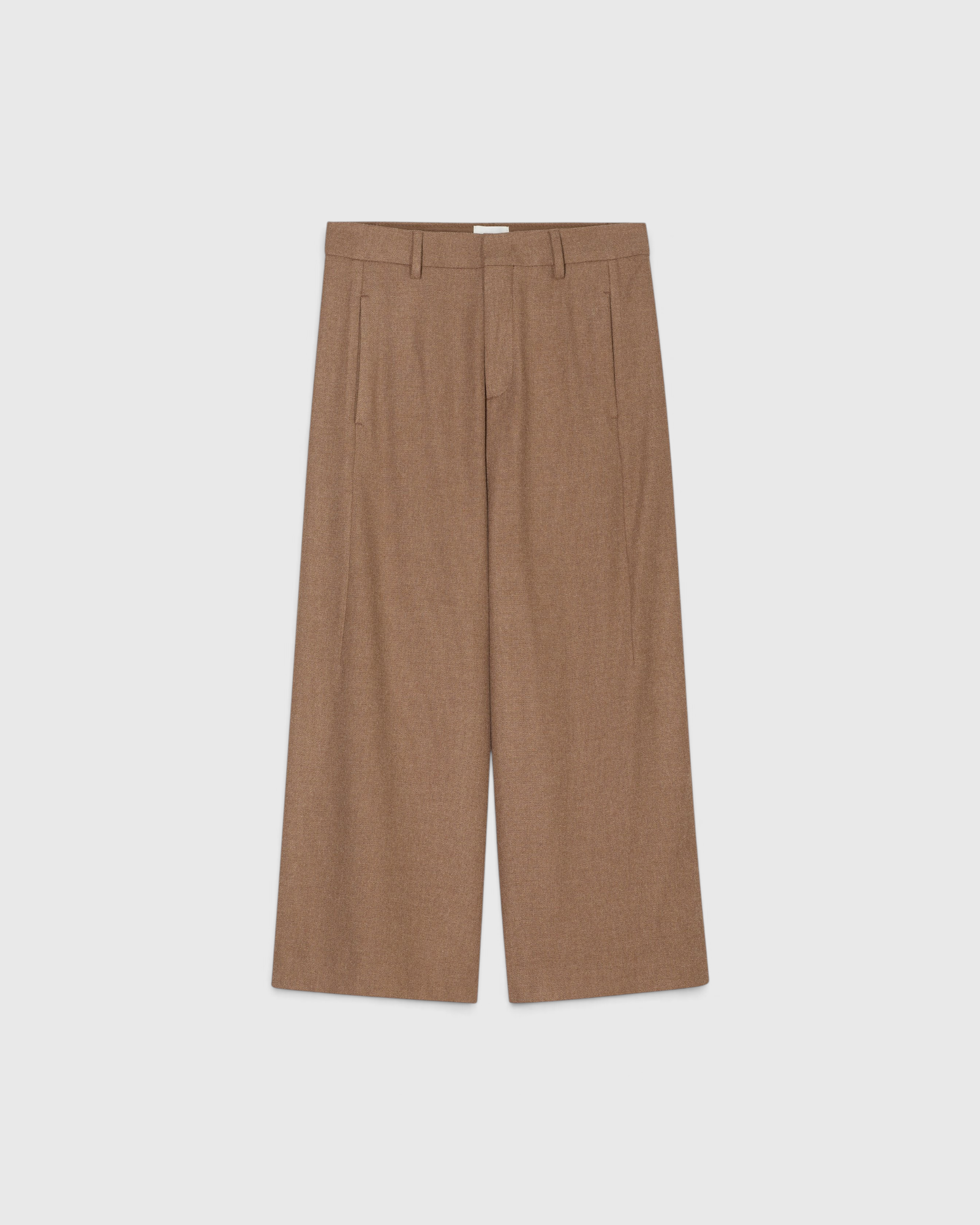 JONES + CO Wren wide-leg cropped trousers in wheat beige wool-viscose flannel with slanted pockets.