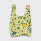 JONES + CO Baggu reusable grocery bag in yellow ripstop nylon with a colorful Painted Prairie print.