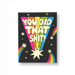 JONES + CO You Did That greeting card featuring retro rainbow typography and stars on a black background.
