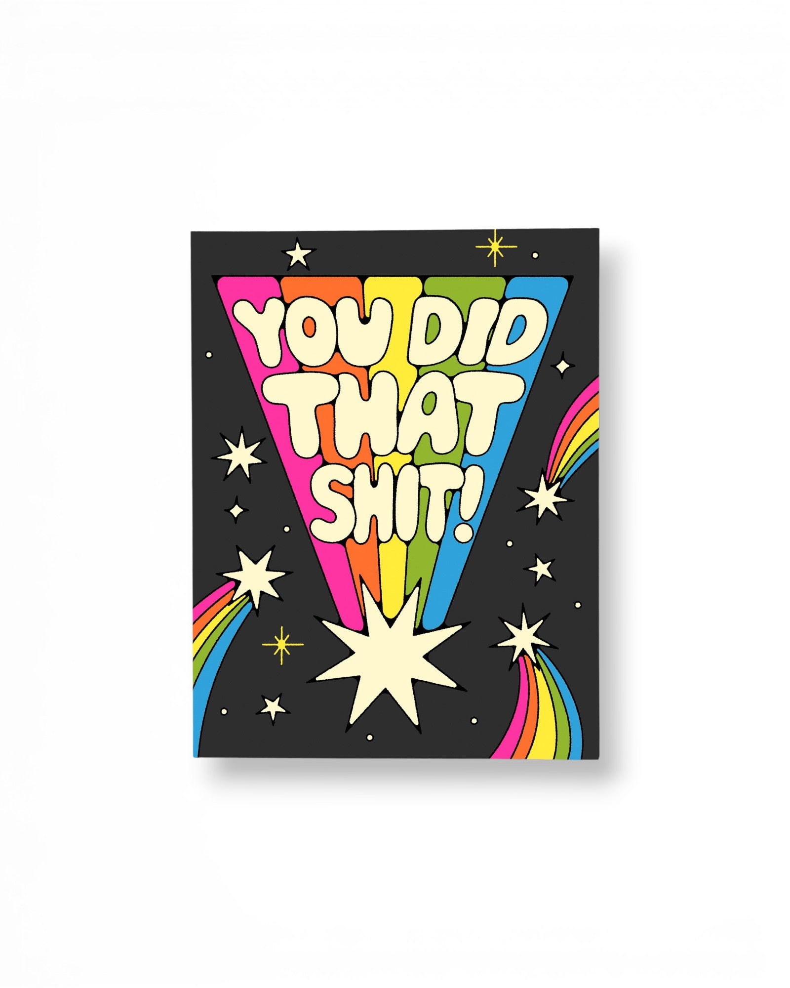 JONES + CO You Did That greeting card featuring retro rainbow typography and stars on a black background.