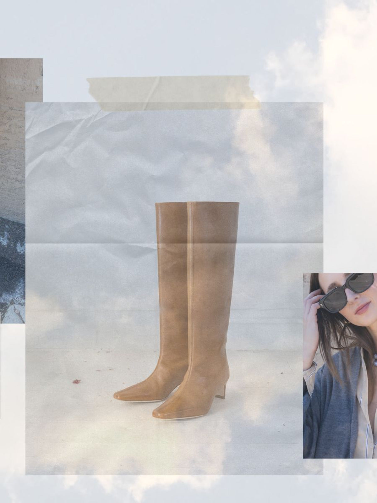 Tan leather knee-high boots on a cloud background collage