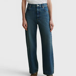 JONES + CO Puerto high-rise straight leg jeans in aged indigo cotton denim with a classic five-pocket design.