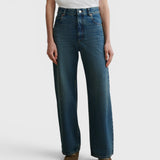 JONES + CO Puerto high-rise straight leg jeans in aged indigo cotton denim with a classic five-pocket design.