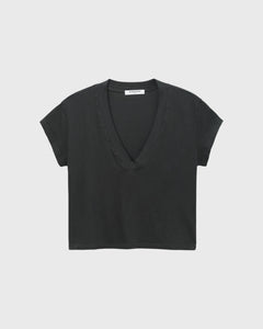 JONES + CO Alanis V-neck tee in vintage black recycled cotton with a relaxed cropped fit and short sleeves.