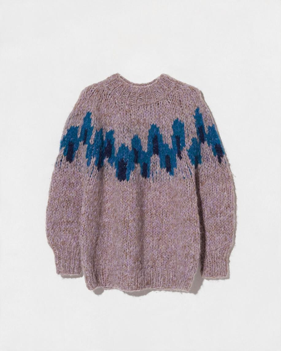 JONES + CO fleecy alpaca blend raglan pullover in light purple with a blue graphic intarsia pattern on the chest