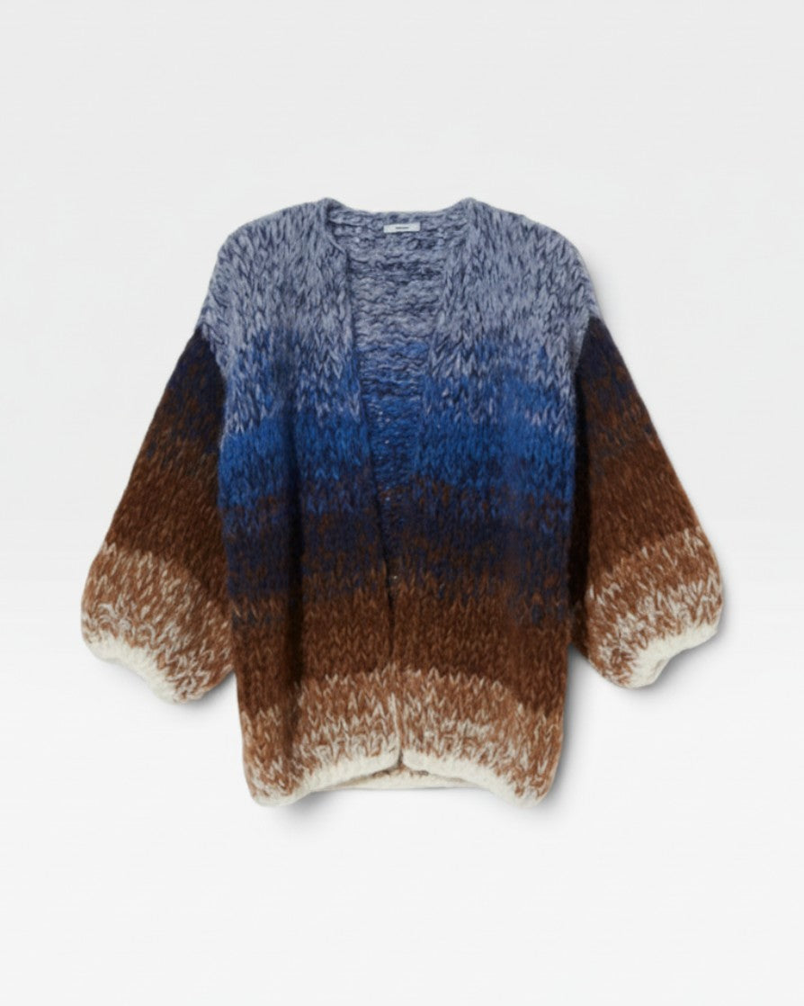 JONES + CO oversized alpaca cardigan in kingfisher ombre gradient featuring a chunky knit and relaxed fit.