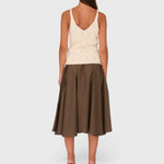 JONES + CO Angie skirt in chocolate brown cotton poplin, back view showing midi length and elastic waistband