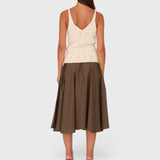 JONES + CO Angie skirt in chocolate brown cotton poplin, back view showing midi length and elastic waistband