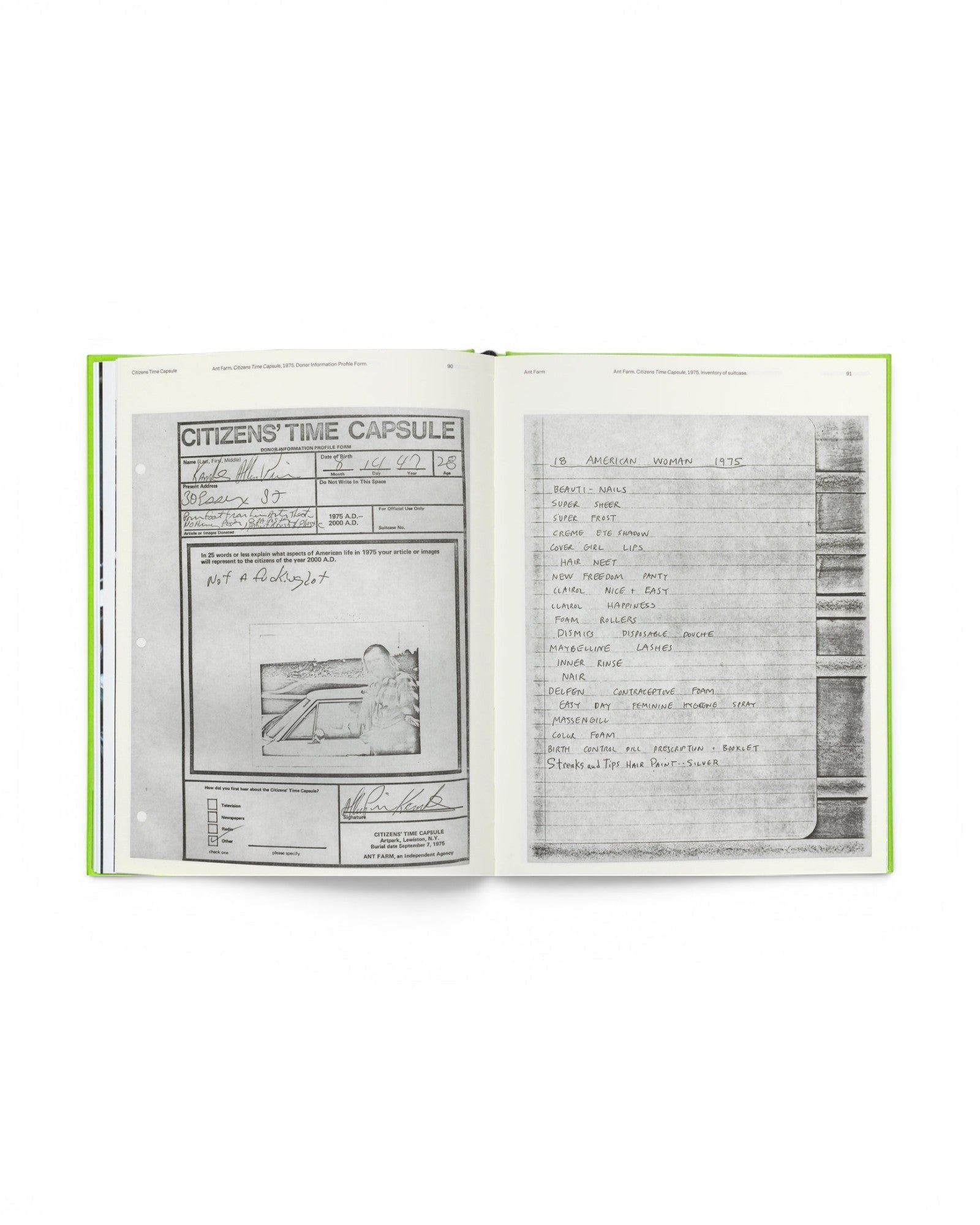 JONES + CO book open to a page showing a Citizens Time Capsule information form and a list of 1975 American products.