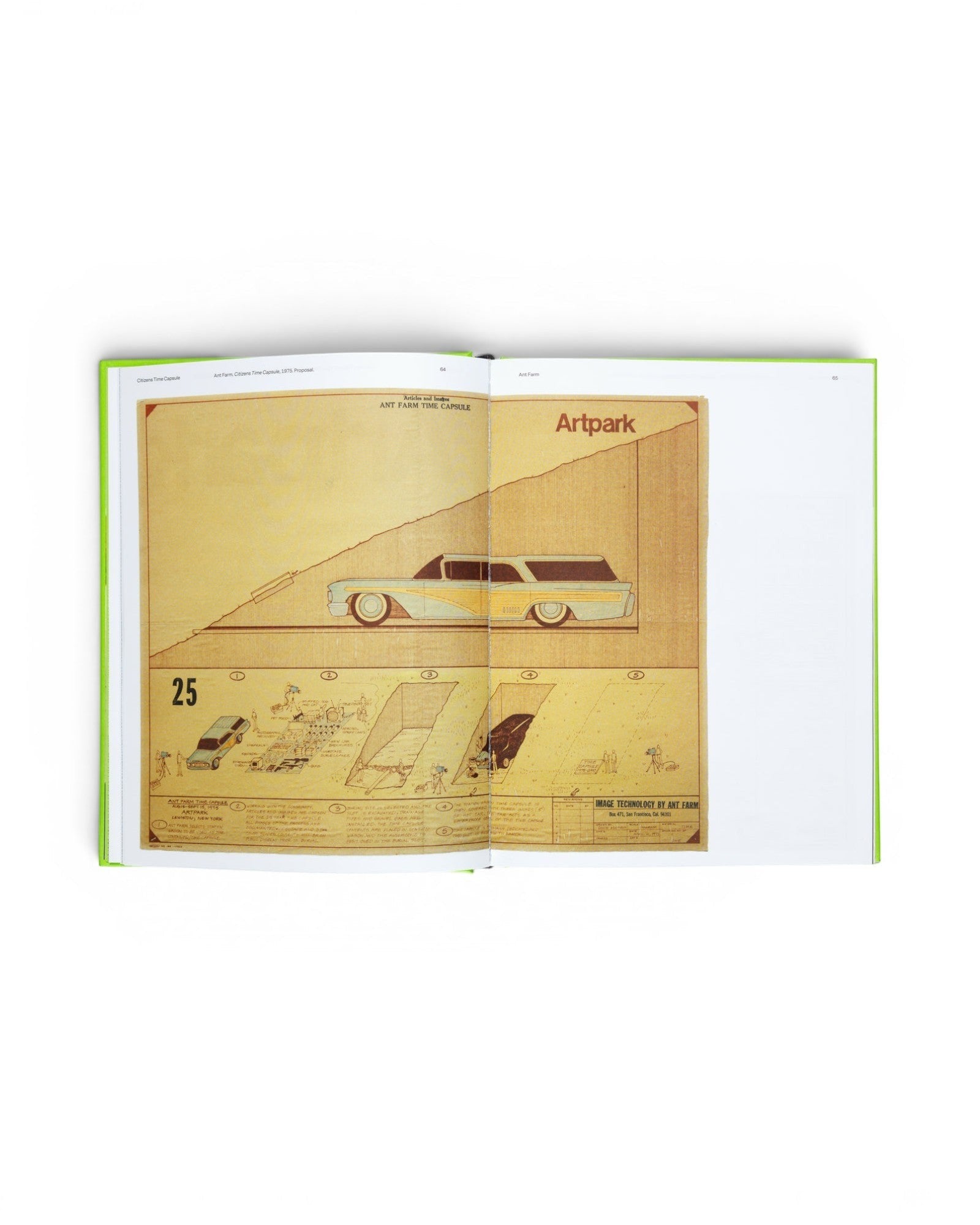 JONES + CO book The Present Is the Form of All Life showing an Ant Farm time capsule diagram with a vintage car