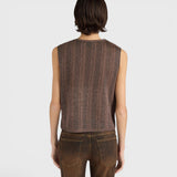 JONES + CO Aska knit gilet in nude and lead lurex viscose with a micro-jacquard pattern, back view on a model.