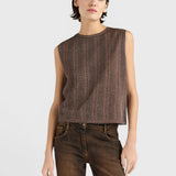 JONES + CO Aska knit gilet in nude and lead lurex viscose with a micro-jacquard pattern and crew neck.