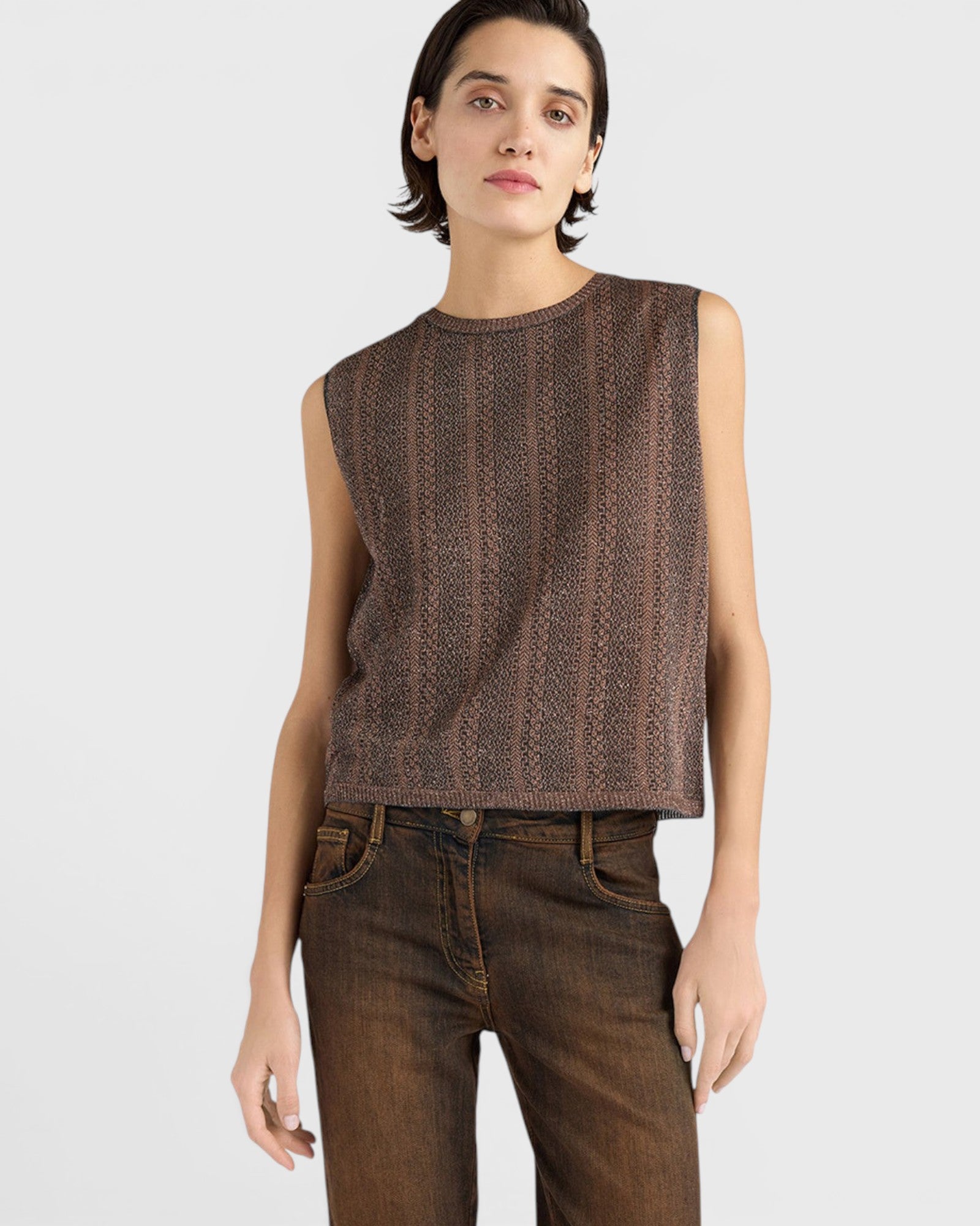 JONES + CO Aska knit gilet in nude and lead lurex viscose with a micro-jacquard pattern and crew neck.