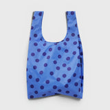 JONES + CO Baggu reusable tote in blue ripstop nylon with a dark blue polka dot pattern