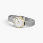 JONES + CO Beverly mesh watch featuring a silver stainless steel band, white dial, and gold-tone bezel.