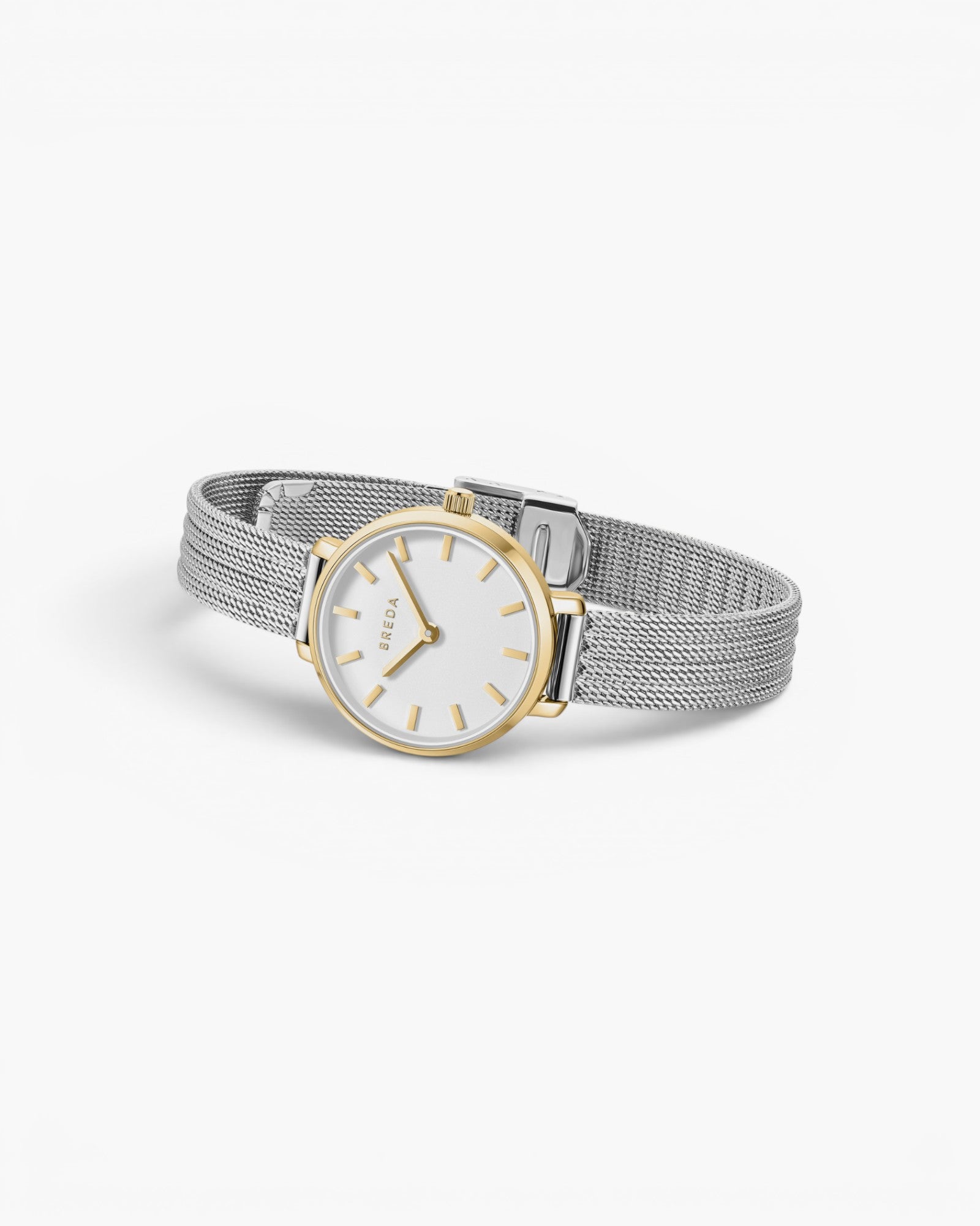 JONES + CO Beverly mesh watch featuring a silver stainless steel band, white dial, and gold-tone bezel.
