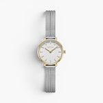 JONES + CO Beverly mesh watch featuring a silver stainless steel band, gold-tone case, and white minimalist dial.