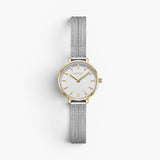 JONES + CO Beverly mesh watch featuring a silver stainless steel band, gold-tone case, and white minimalist dial.
