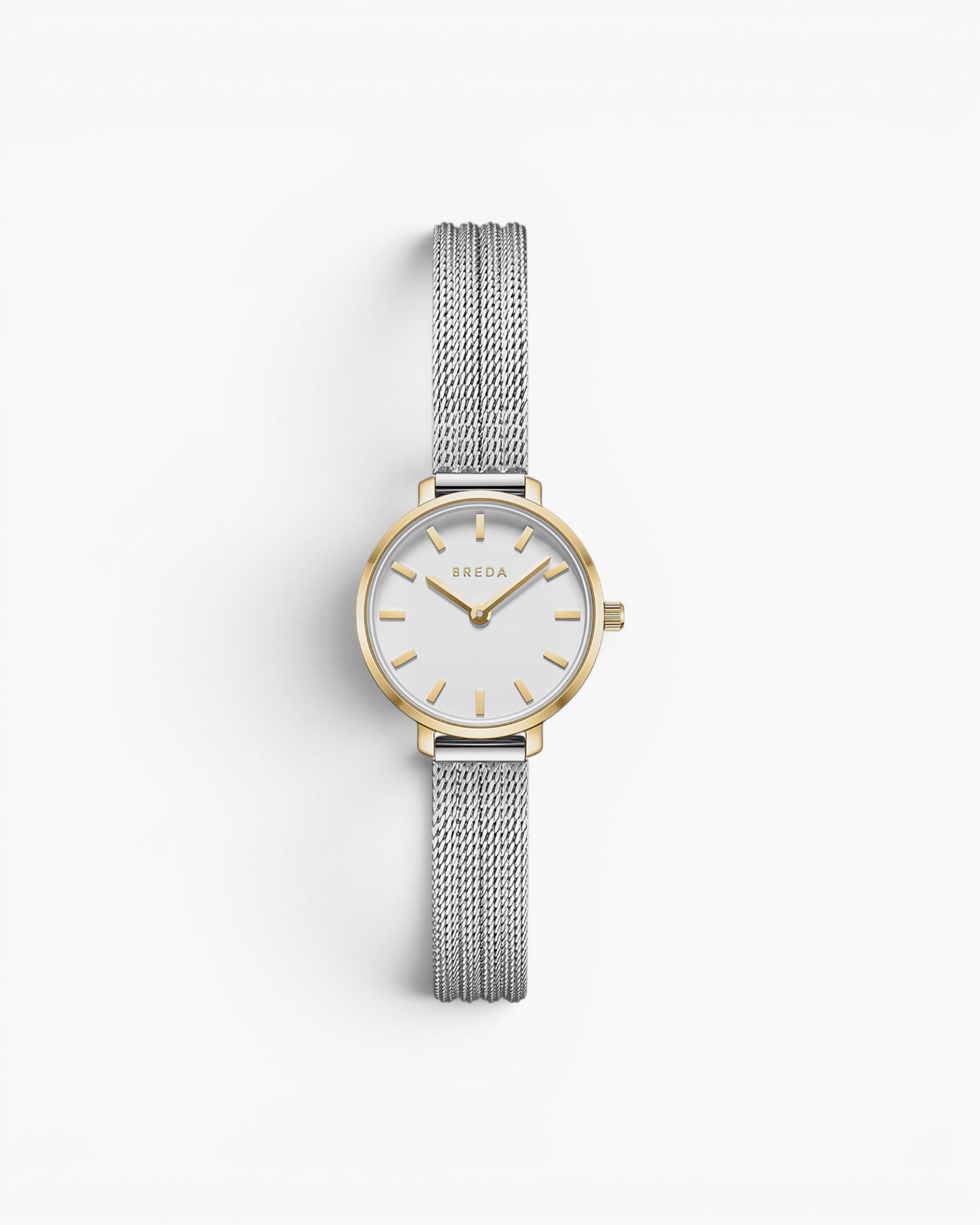 JONES + CO Beverly mesh watch featuring a silver stainless steel band, gold-tone case, and white minimalist dial.