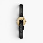 JONES + CO Beverly watch featuring a gold case and black leather strap, shown from the back view.