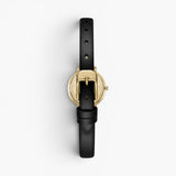 JONES + CO Beverly watch featuring a gold case and black leather strap, shown from the back view.