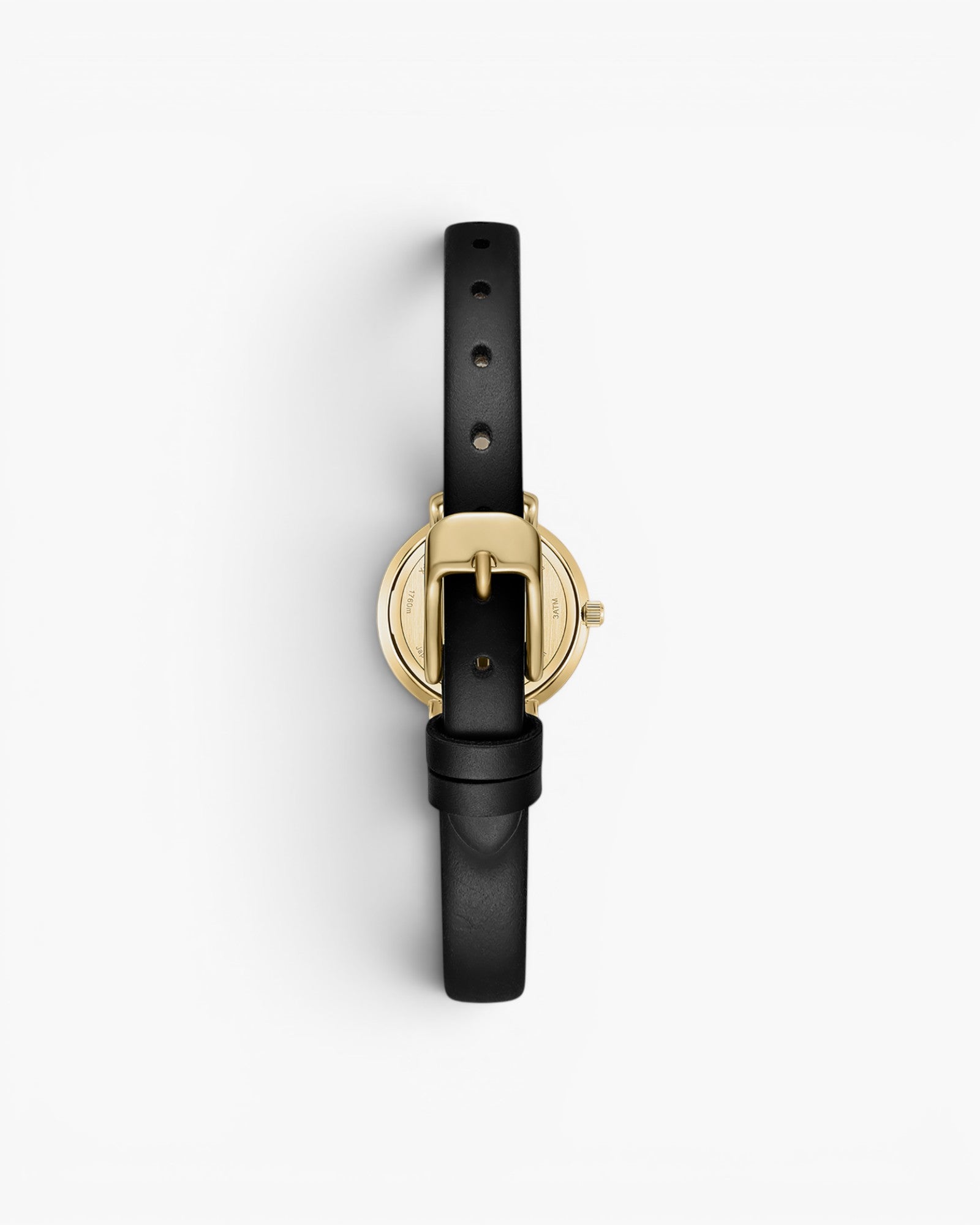 JONES + CO Beverly watch featuring a gold case and black leather strap, shown from the back view.