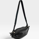 JONES + CO Bon-Bon M black soft calf leather crossbody bag with pleated ends and silver-tone metal hardware