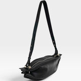 JONES + CO Bon-Bon M black soft calf leather crossbody bag with pleated ends and silver-tone metal hardware