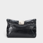 JONES + CO black snake-embossed leather slouchy clutch with a polished silver metal cuff and zip closure.