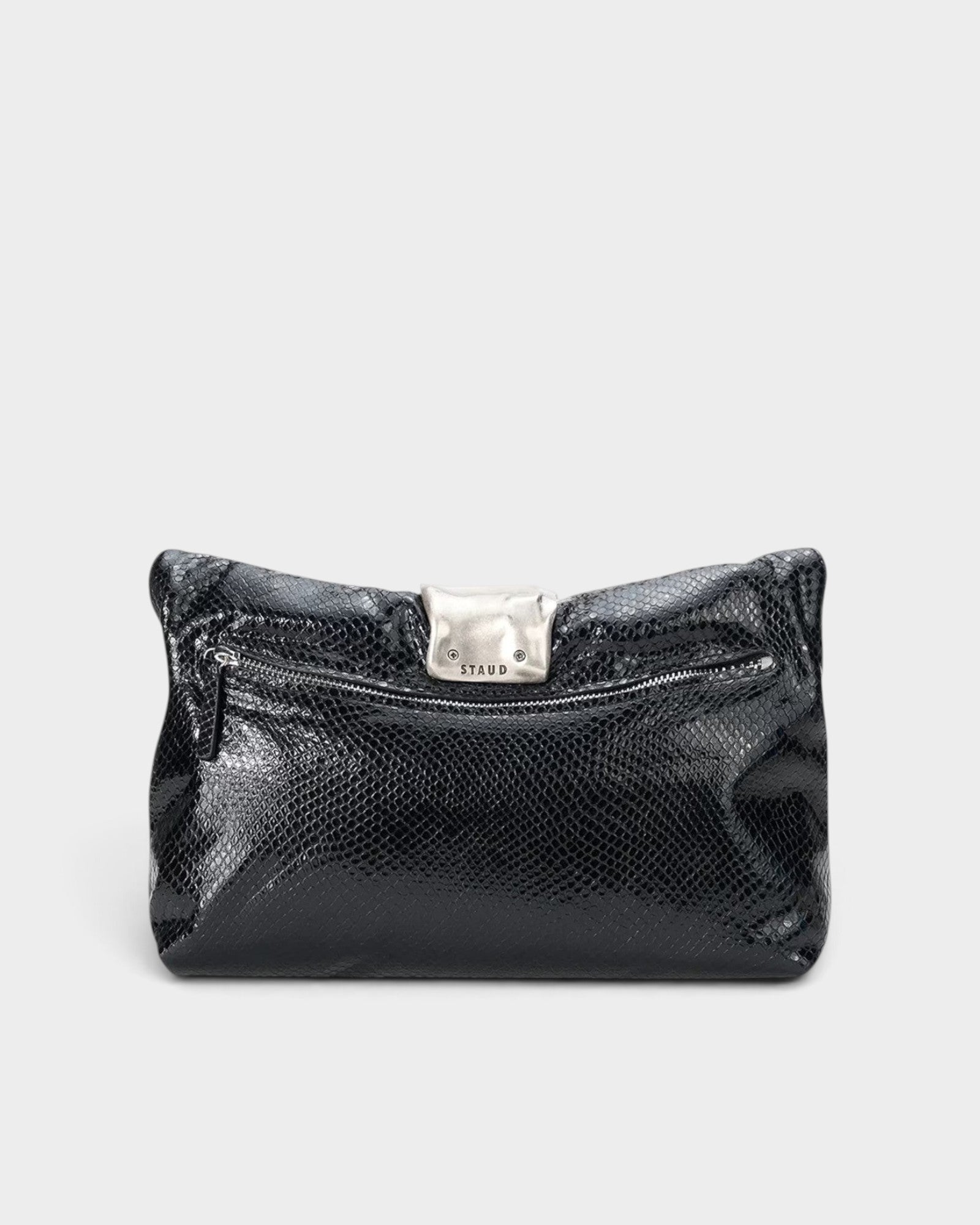 JONES + CO black snake-embossed leather slouchy clutch with a polished silver metal cuff and zip closure.
