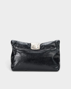 JONES + CO black snake-embossed leather slouchy clutch with a polished silver metal cuff and zip closure.