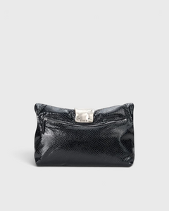 JONES + CO black snake-embossed leather slouchy clutch with a polished silver metal cuff and zip closure.
