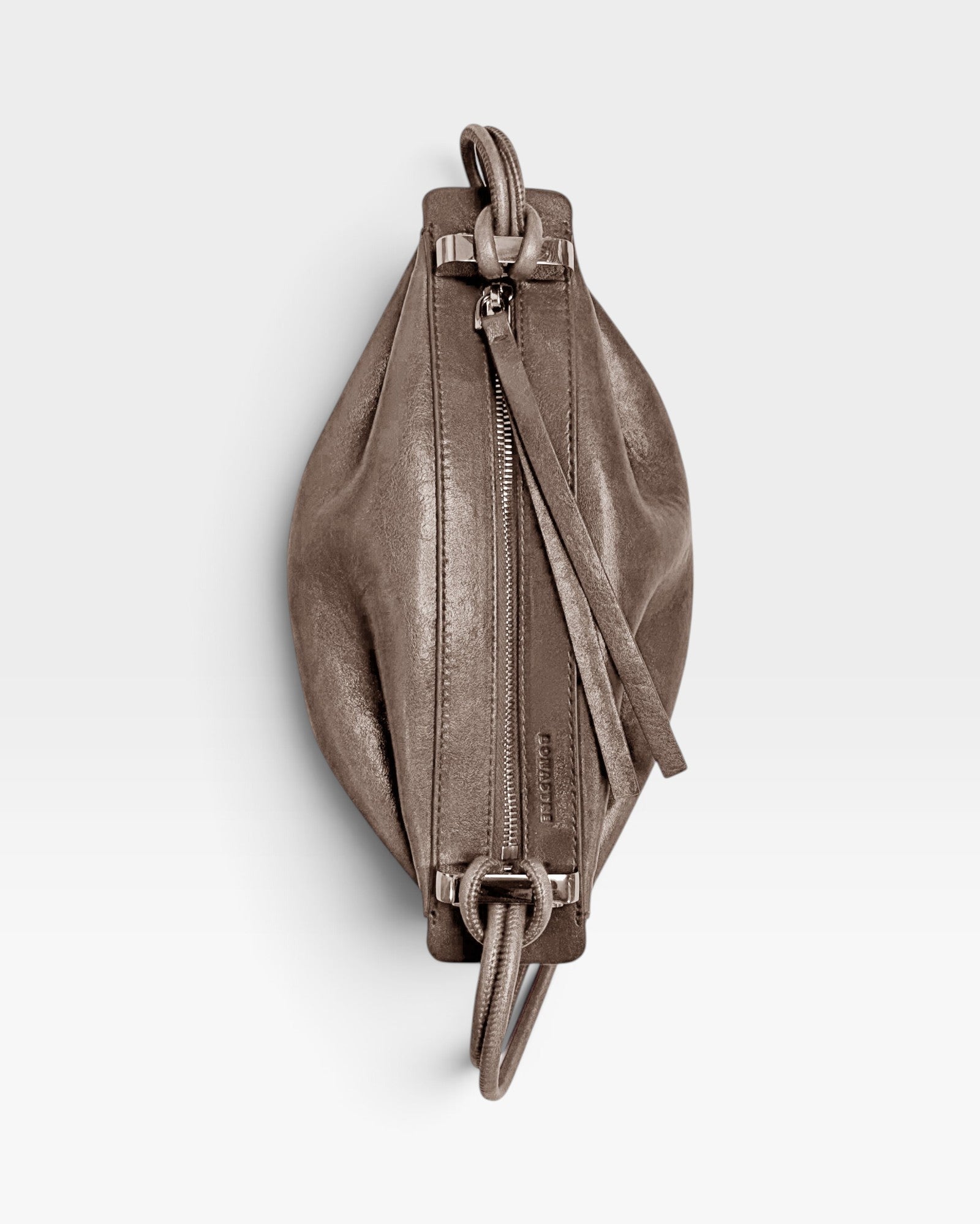 JONES + CO Bon-Bon Cords bag in shiny taupe Italian calf leather with palladium-finished brass hardware