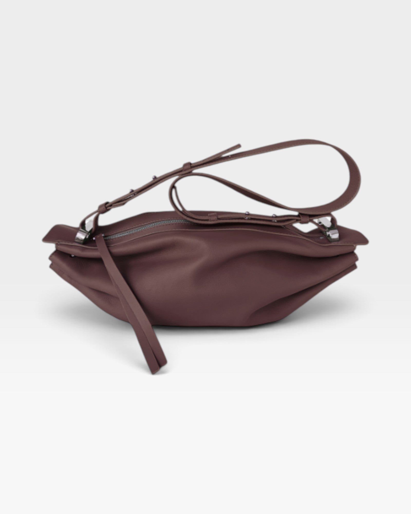 JONES + CO Bon-Bon M wine-colored soft calf leather crossbody bag with pleated ends and adjustable strap