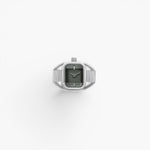JONES + CO BREDA Nocturne Time Ring in silver stainless steel with a rectangular smoke-colored crystal watch face.