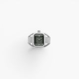 JONES + CO BREDA Nocturne Time Ring in silver stainless steel with a rectangular smoke-colored crystal watch face.