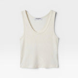 JONES + CO Blondie bright ivory ribbed tank top in a fitted cotton-spandex blend with a scoop neckline.