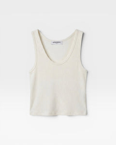 JONES + CO Blondie bright ivory ribbed tank top in a fitted cotton-spandex blend with a scoop neckline.
