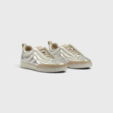 JONES + CO Bubble Ollo sneakers in metallic champagne lambskin leather with a suede toe and translucent bubble sole.