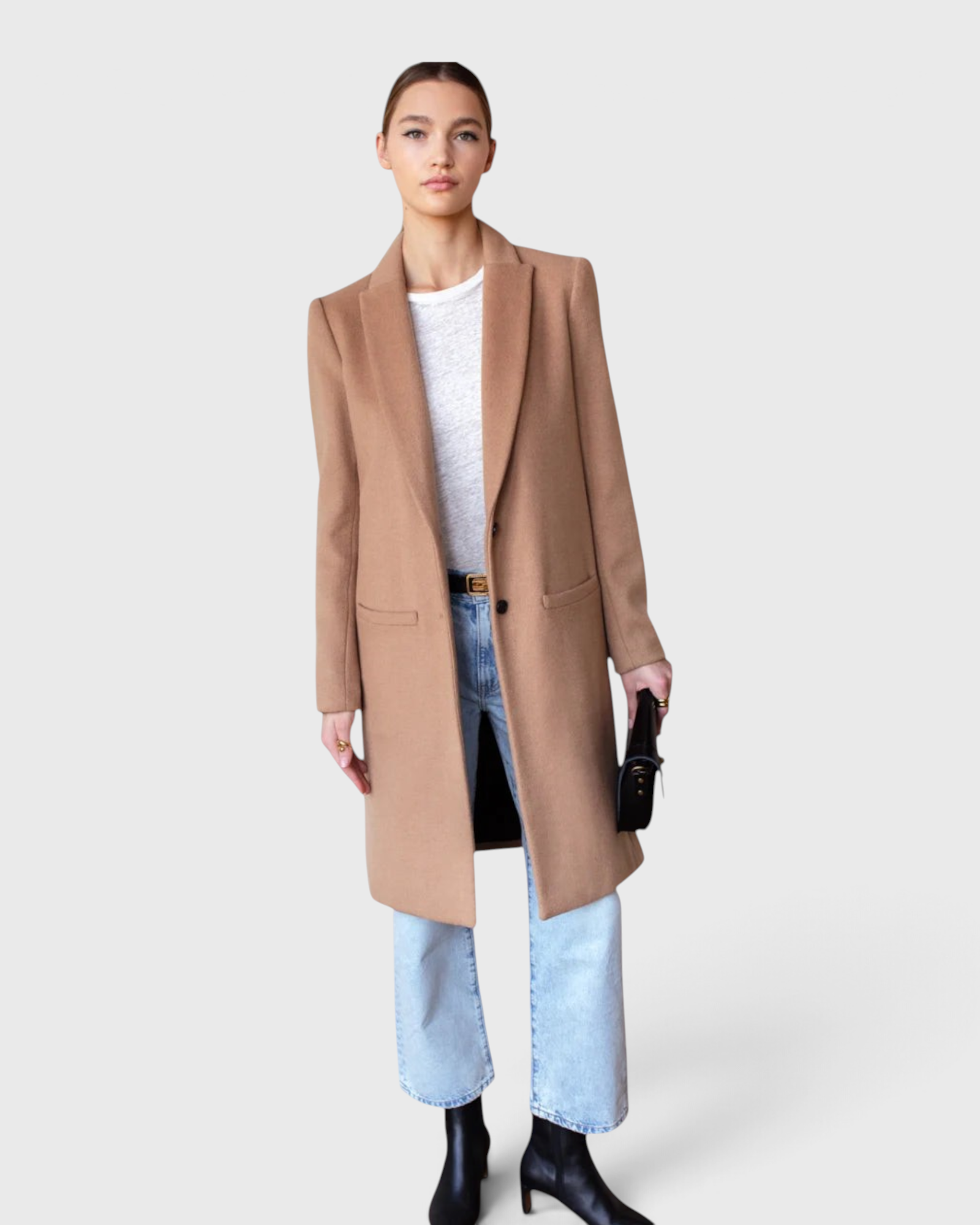 JONES + CO camel wool cashmere tailored coat with notch collar worn by a model with light wash jeans and boots