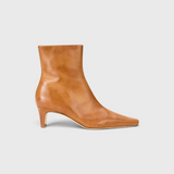 JONES + CO Wally ankle boot in cashew distressed leather with a pointed rectangular toe and slim blade heel.