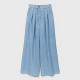 JONES + CO celeste blue organic cotton wide-leg trousers with front pleats and a high-waisted fit.